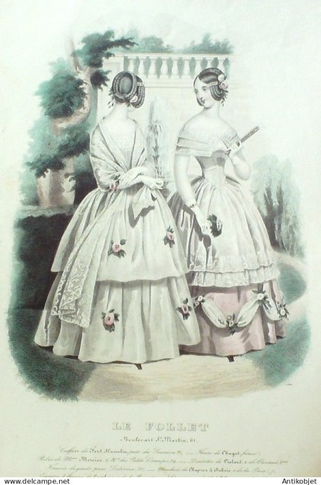 Gravure Mode Le Follet 1843 # 1260 (aquarelle Old Fashion plate)