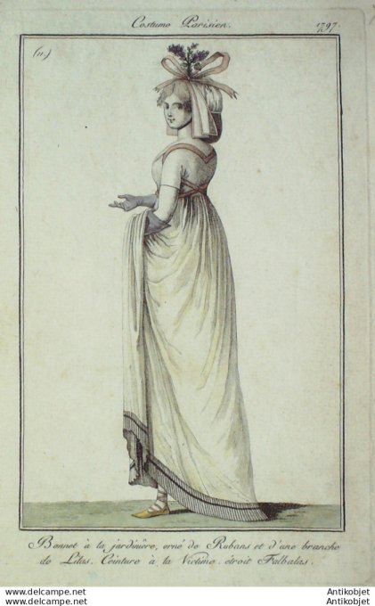 Gravure de mode Costume Parisien 1797 n° 11 (An 5) Falbalas Bonnet à la jardinière