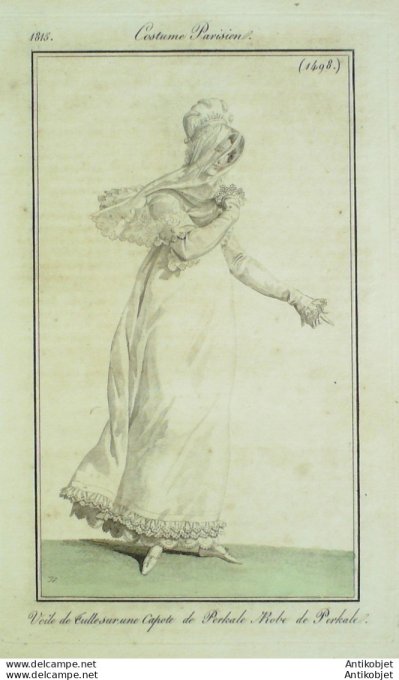 Gravure de mode Costume Parisien 1815 n°1498 Robe perkale Voile de tulle