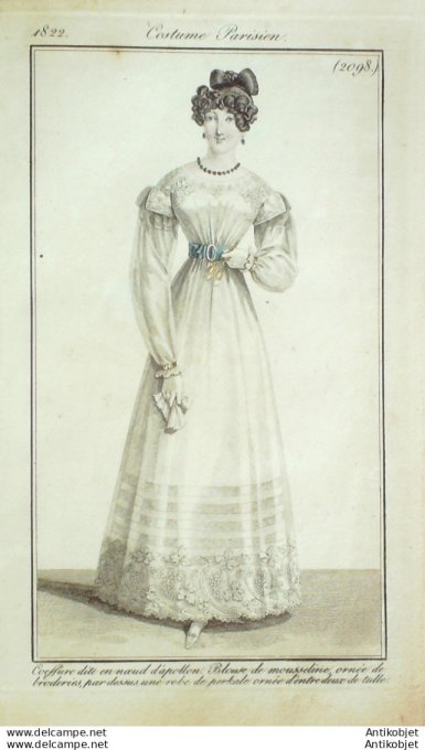 Gravure de mode Costume Parisien 1822 n°2098 Blouse mousseline Robe perkale