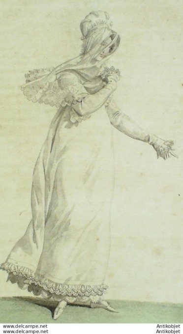 Gravure de mode Costume Parisien 1815 n°1498 Robe perkale Voile de tulle