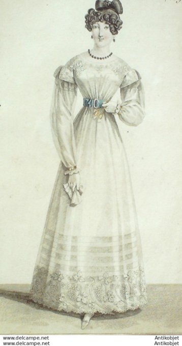 Gravure de mode Costume Parisien 1822 n°2098 Blouse mousseline Robe perkale