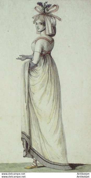 Gravure de mode Costume Parisien 1797 n° 11 (An 5) Falbalas Bonnet à la jardinière