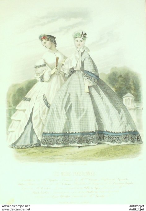 Gravure Les Modes Parisiennes 1862 #1012 Robes en tissu Maison Gagelin