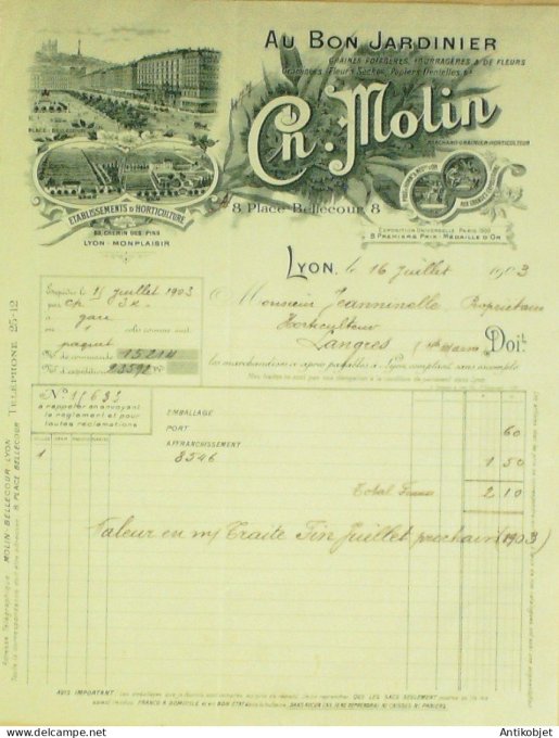 Facture Au bon Jardinier CH.Molin (Graines potagères) 1903 Lyon (69)