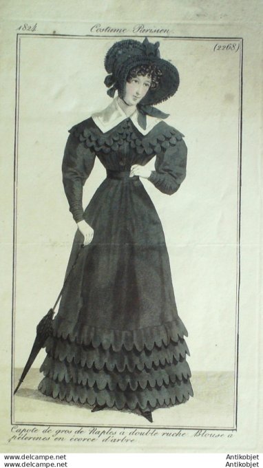 Gravure de mode Costume Parisien 1824 n°2268 Blouse à pélerines Capote gros de Naples