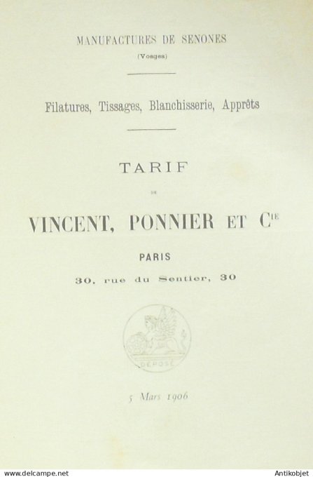 Catalogue Vincent Ponnier (Tissage Blanchisserie) 1906 à Senones (88)