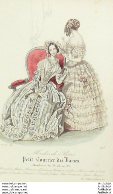 Gravure Mode Courrier des Dames 1843 # 1975 (eau forte old Fashion plate)