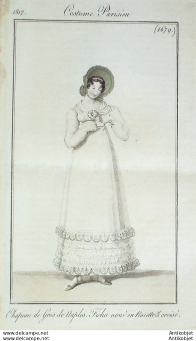 Gravure de mode Costume Parisien 1817 n°1679 Fichu noué en rosette croisée