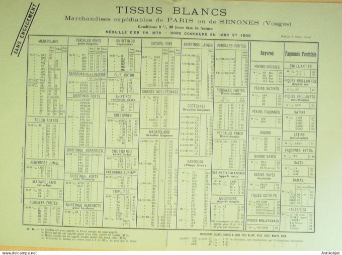 Catalogue Vincent Ponnier (Tissage Blanchisserie) 1906 à Senones (88)