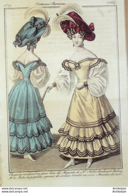 Gravure de mode Costume Parisien 1829 n°2684 Robe de Popeline garnie