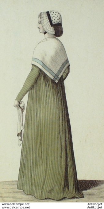 Gravure de mode Costume Parisien 1797 n° 13 (An 5) Robe de Peckini fichu