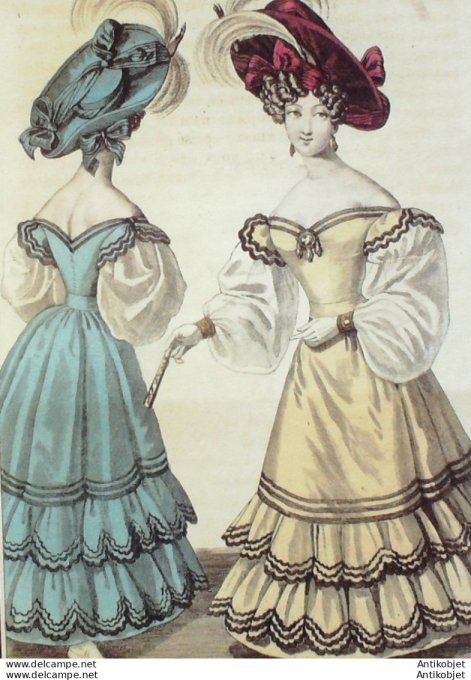 Gravure de mode Costume Parisien 1829 n°2684 Robe de Popeline garnie