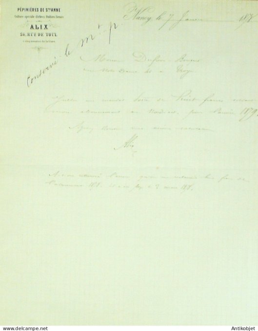 Lettre Ciales Pépinières de Ste Anne Alix 1878 Nancy (54)