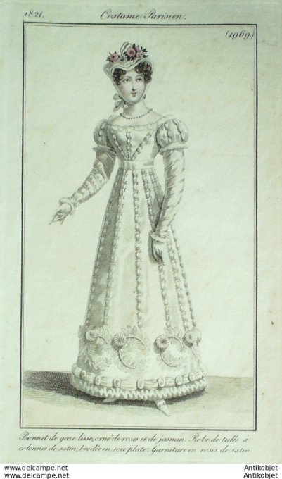 Gravure de mode Costume Parisien 1821 n°1969 Robe de tulle à colonnes de satin