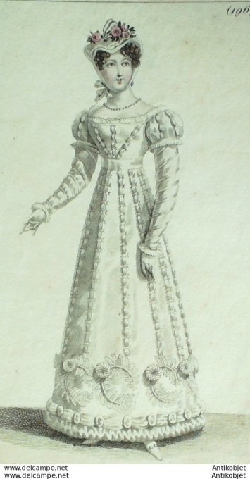 Gravure de mode Costume Parisien 1821 n°1969 Robe de tulle à colonnes de satin