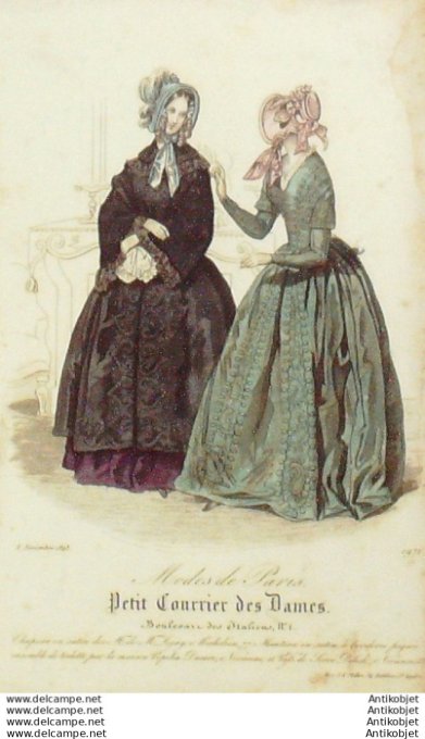 Gravure Mode Courrier des Dames 1843 # 1971 (eau forte old Fashion plate)