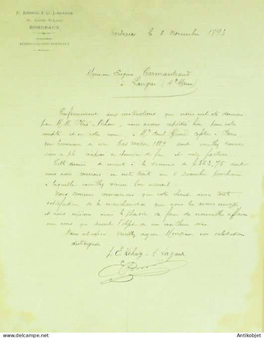 Lettre Ciale E.Kehrig & Lagarde (Vins) 1893 à Bordeaux