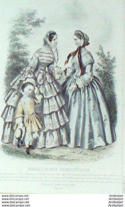 Gravure Mode Magasin Demoiselles 1854 #  7 (aquarellee Old Fashion plate)