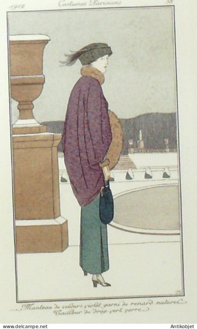 Gravure de mode Costume Parisien 1912 pl.38 BOUTET de MONVEL Manteau