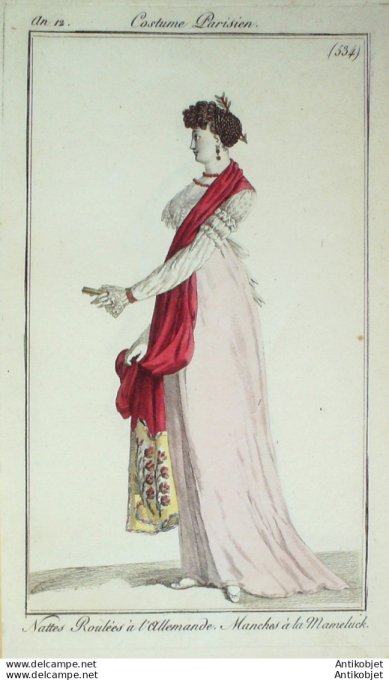 Gravure de mode Costume Parisien 1804 n° 534 (An 12) Nattes roulées à la Mameluck