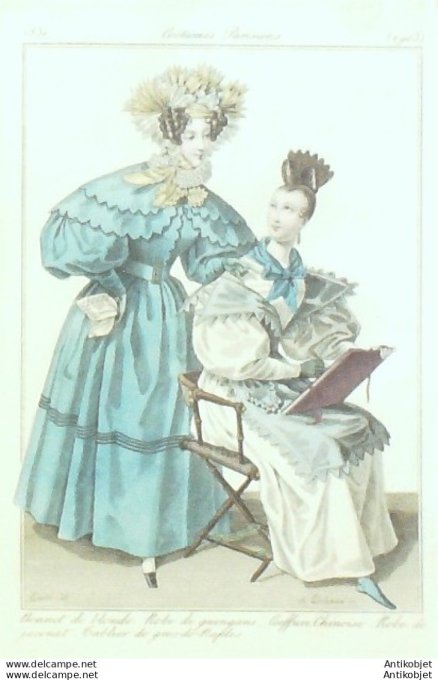 Costume Parisien 1831 # 2903 Robe Jaconat tablier de Naples