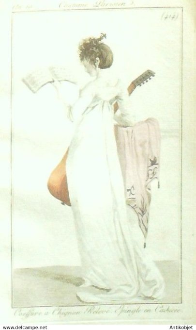 Costume Parisien 1802 an 10 # 414 (eau forte) Coiffure ? chignon relevé