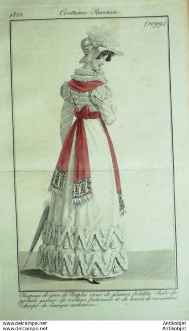 Gravure de mode Costume Parisien 1822 n°2099 Robe perkale écharpe de barèges