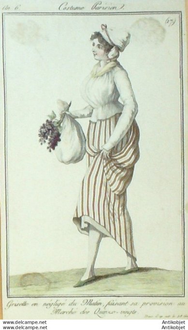 Gravure de mode Costume Parisien 1798 n° 17 (An 6) (nvelle 1) Griselle en négligé