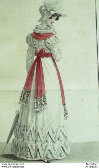 Gravure de mode Costume Parisien 1822 n°2099 Robe perkale écharpe de barèges