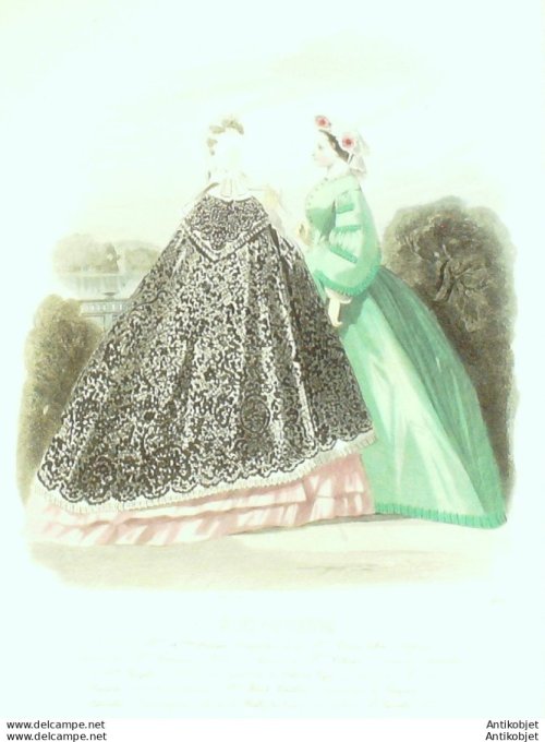 Gravure Les Modes Parisiennes 1862 #1013 Robes satin Maison Dessort
