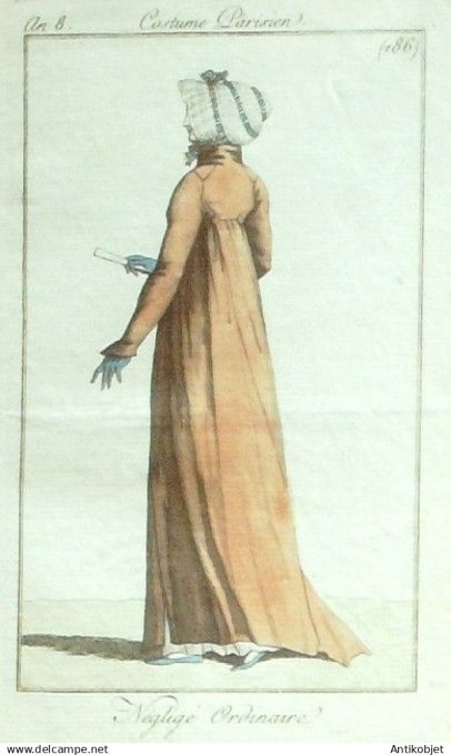 Gravure de mode Costume Parisien 1809 n° 985 Fichu de soie Pantalon garni