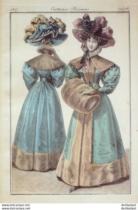 Gravure de mode Costume Parisien 1827 n°2476 Robes redingotes velours capelines
