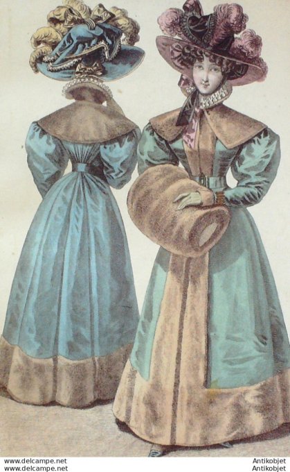 Gravure de mode Costume Parisien 1827 n°2476 Robes redingotes velours capelines