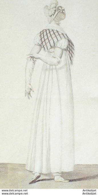 Gravure de mode Costume Parisien 1809 n° 985 Fichu de soie Pantalon garni