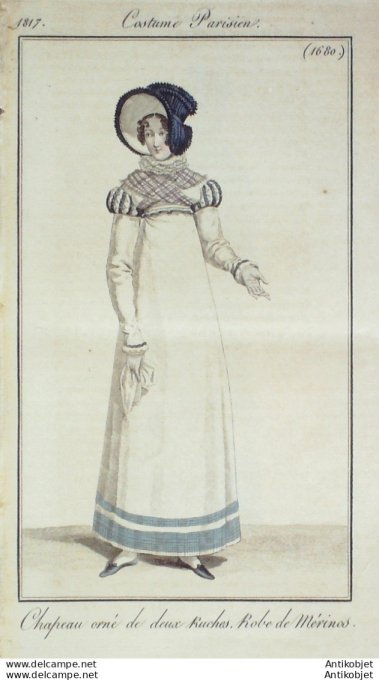 Gravure de mode Costume Parisien 1817 n°1680 Robe de mérinos