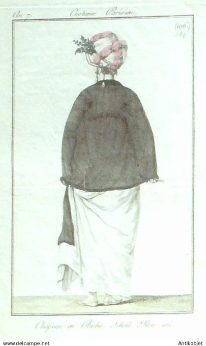 Costume Parisien 1798 an 7 #111 (eau forte) Chapeau en rà»che, Schall noir