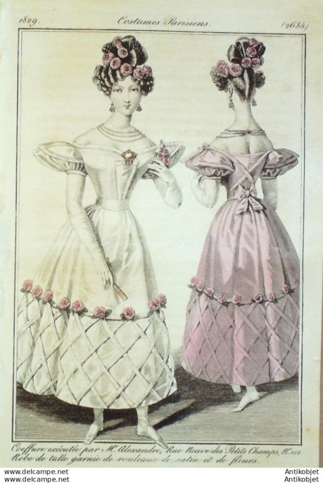 Gravure de mode Costume Parisien 1829 n°2685 Robe de tulle garnie de rouleaux