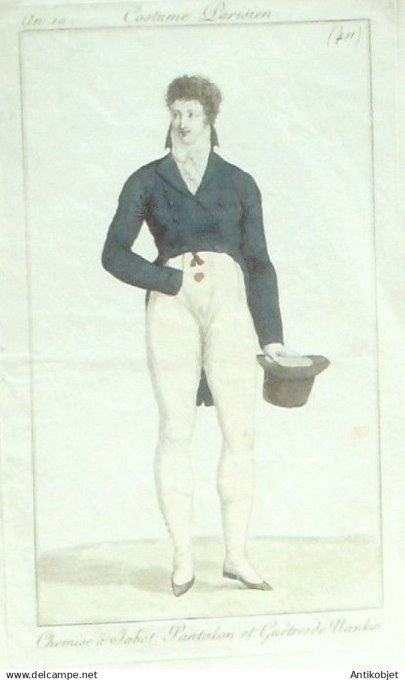 Costume Parisien 1802 an 10 # 411 (eau forte) Pantalon & guêtres Nankin