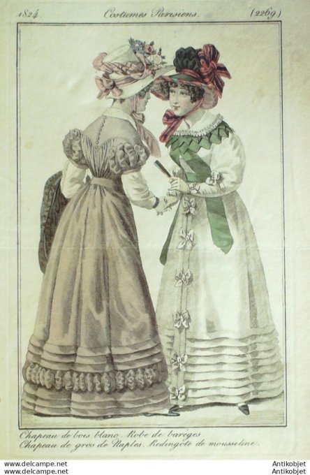 Gravure de mode Costume Parisien 1824 n°2269 Redingote mousseline Robe Barèges