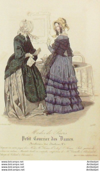 Gravure Mode Courrier des Dames 1843 # 1968 (eau forte old Fashion plate)