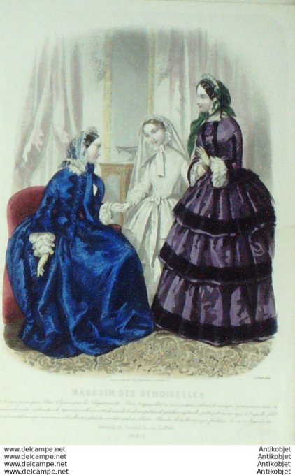 Gravure Mode Magasin Demoiselles 1854 #  4 (aquarellee Old Fashion plate)