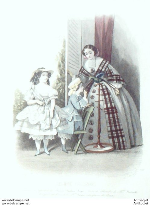 Gravure Les Modes Parisiennes 1856 # 747 Costumes enfants Maison Royer