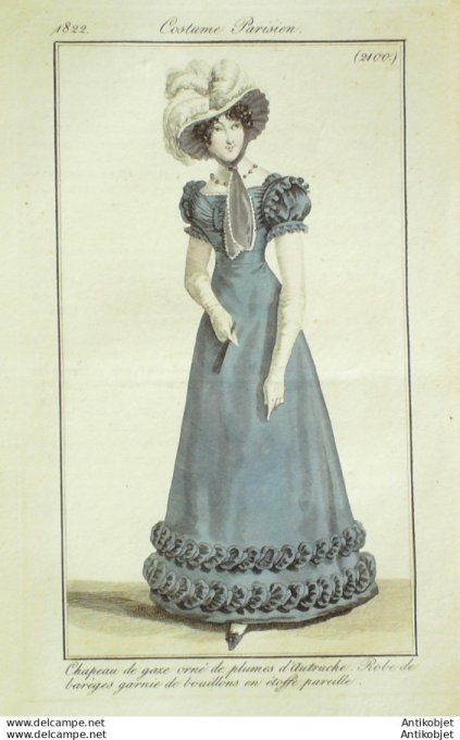Gravure de mode Costume Parisien 1822 n°2100 Robe barèges  chapeau de gaze