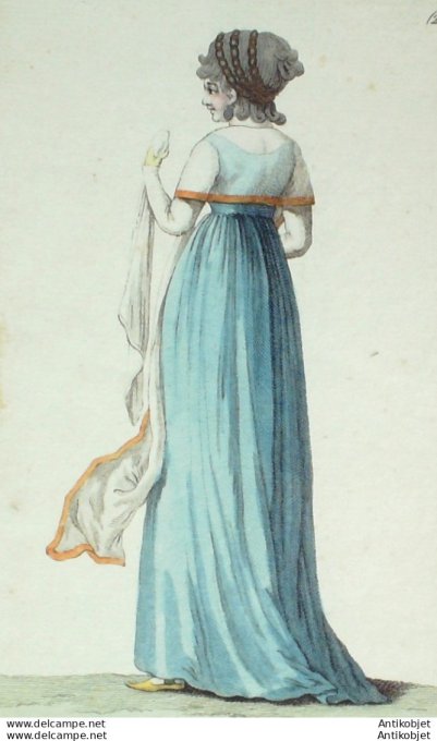 Gravure de mode Costume Parisien 1798 n° 26 (An 6) (nvelle 10) Schall de linon bordé