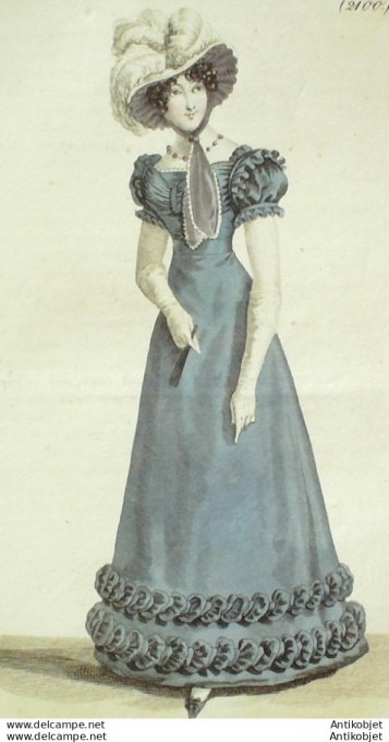 Gravure de mode Costume Parisien 1822 n°2100 Robe barèges  chapeau de gaze