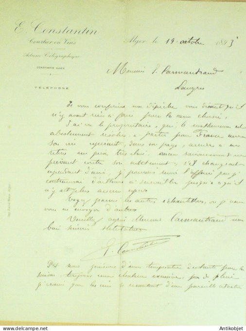 Lettre Ciale E.Constantin (courtier en vins) 1893 à Alger