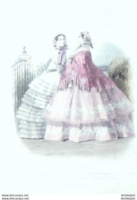 Gravure Les Modes Parisiennes 1856 # 748 Robes en tissu Maison Minette