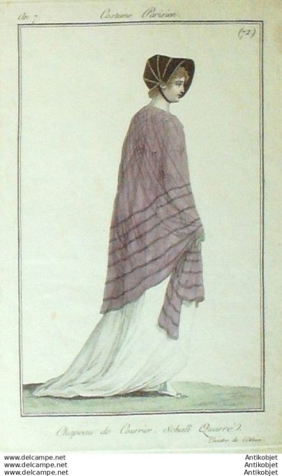 Gravure Mode Costume Parisien 1798 an  7 #  72 (eau forte old Fashion plate