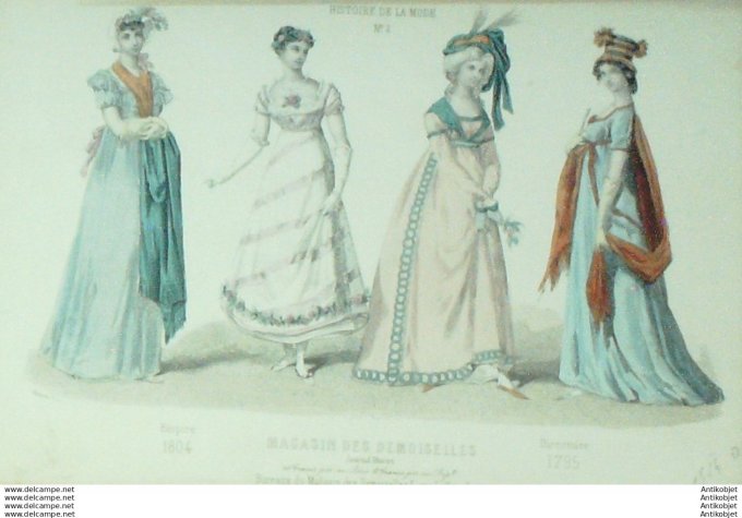 Gravure Mode Magasin Demoiselles 1855 #  2 (aquarellee Old Fashion plate)